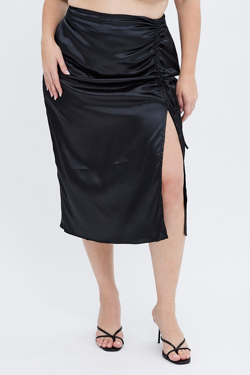 Black Midi Skirt Drawstring Satin Split for YouandAll Fashion