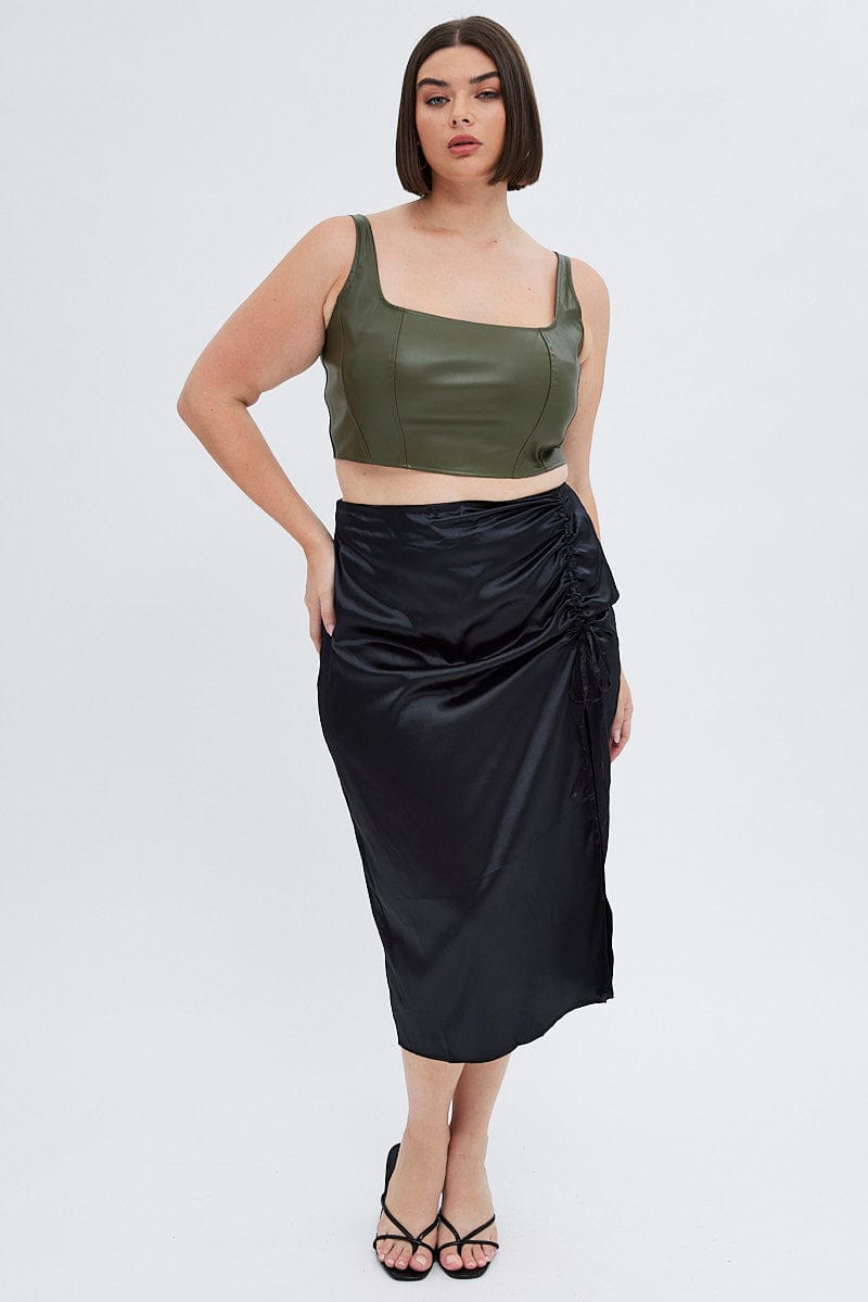 Black Midi Skirt Drawstring Satin Split You All