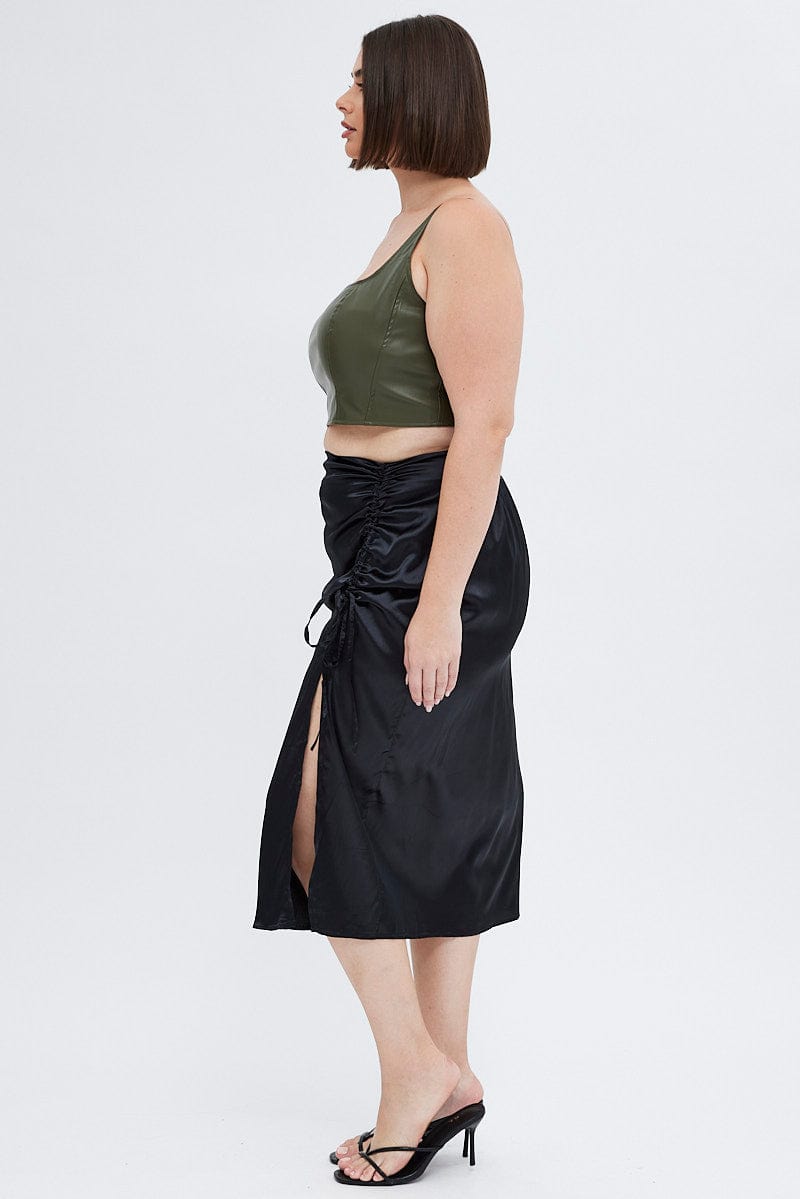 Black Satin Midi Skirt With Split Black Midi Skirt Drawstring Satin