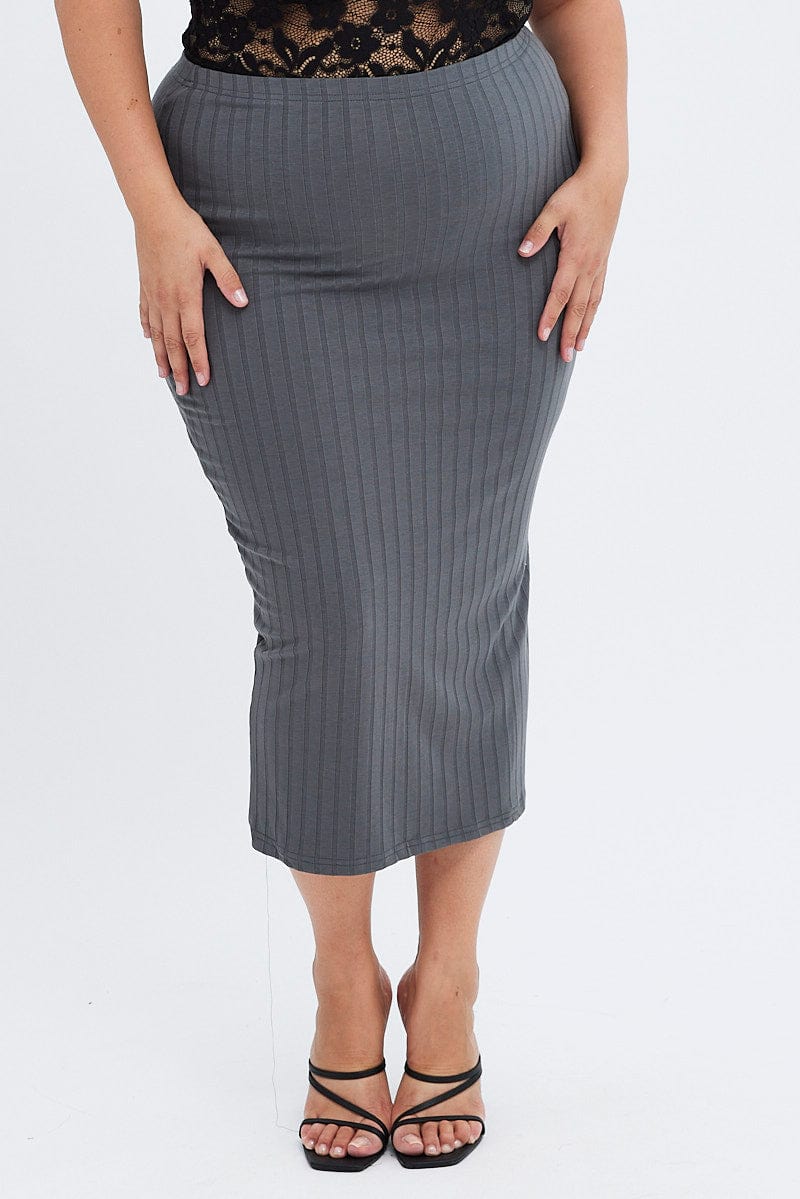 Grey Midi Skirt Wide Rib Jersey Bodycon for YouandAll Fashion