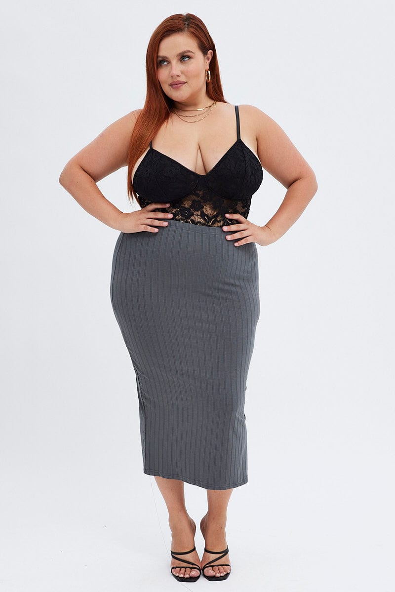 Grey Midi Skirt Wide Rib Jersey Bodycon for YouandAll Fashion