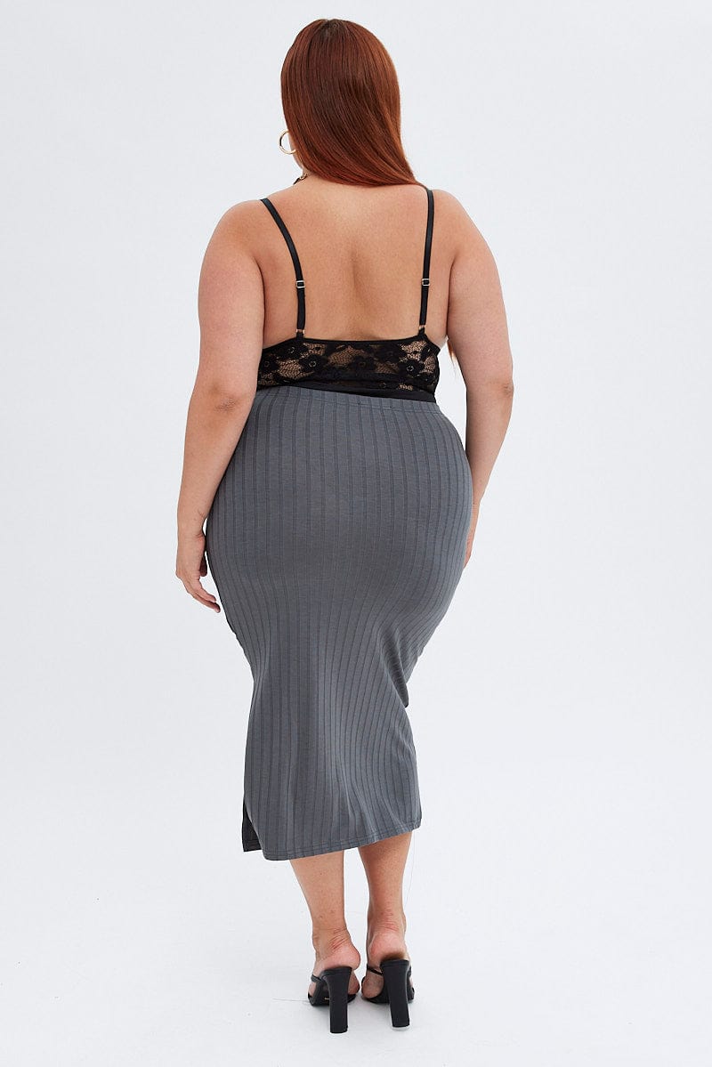 Grey Midi Skirt Wide Rib Jersey Bodycon for YouandAll Fashion