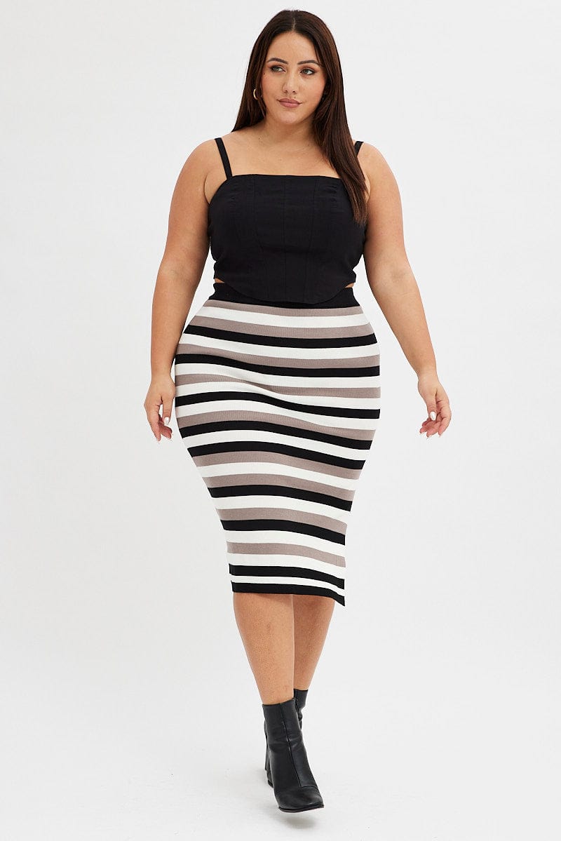 Multi Stripe Knit Skirt Midi Side Split for YouandAll Fashion