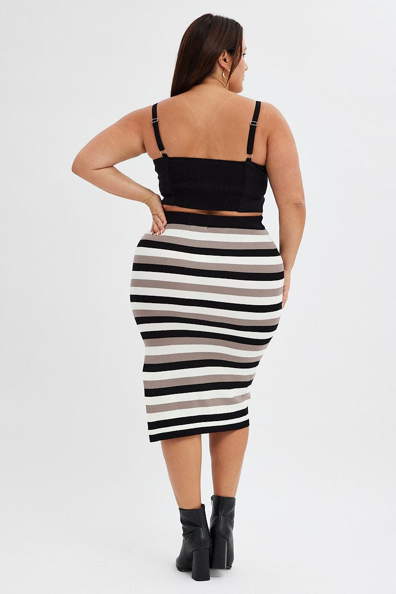 Multi Stripe Knit Skirt Midi Side Split for YouandAll Fashion