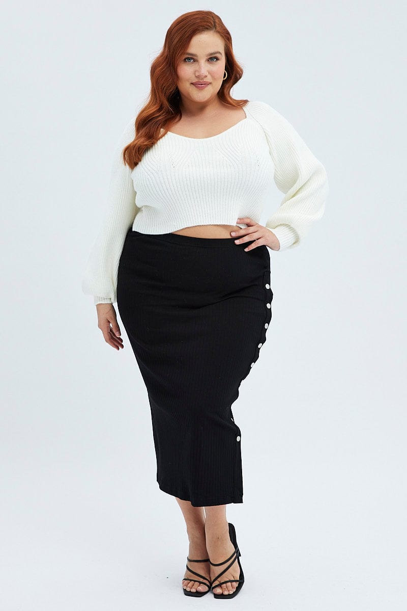 Black Midi Skirt Rib Jersey Snap Button Through for YouandAll Fashion