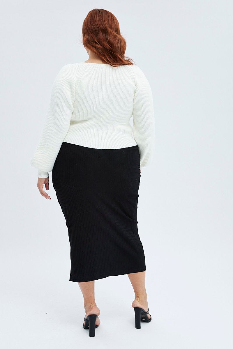 Black Midi Skirt Rib Jersey Snap Button Through for YouandAll Fashion