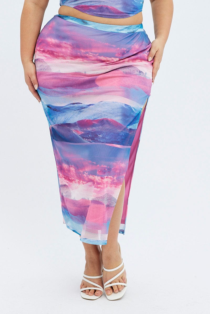 Multi Print Long Skirt Mesh Landscape Print for YouandAll Fashion