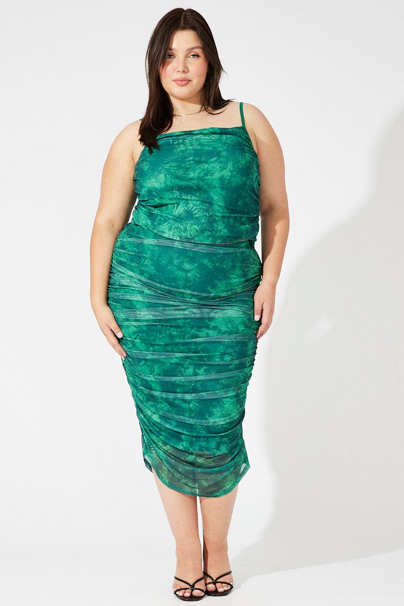 Green Abstract Mesh Ruched Tie Dye Midi Skirt for YouandAll Fashion