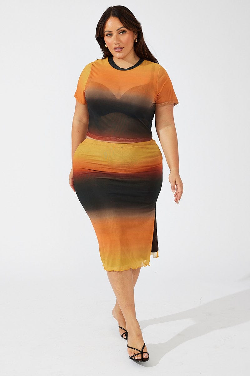 Multi Abstract Midi Skirt Bodycon Split Mesh for YouandAll Fashion