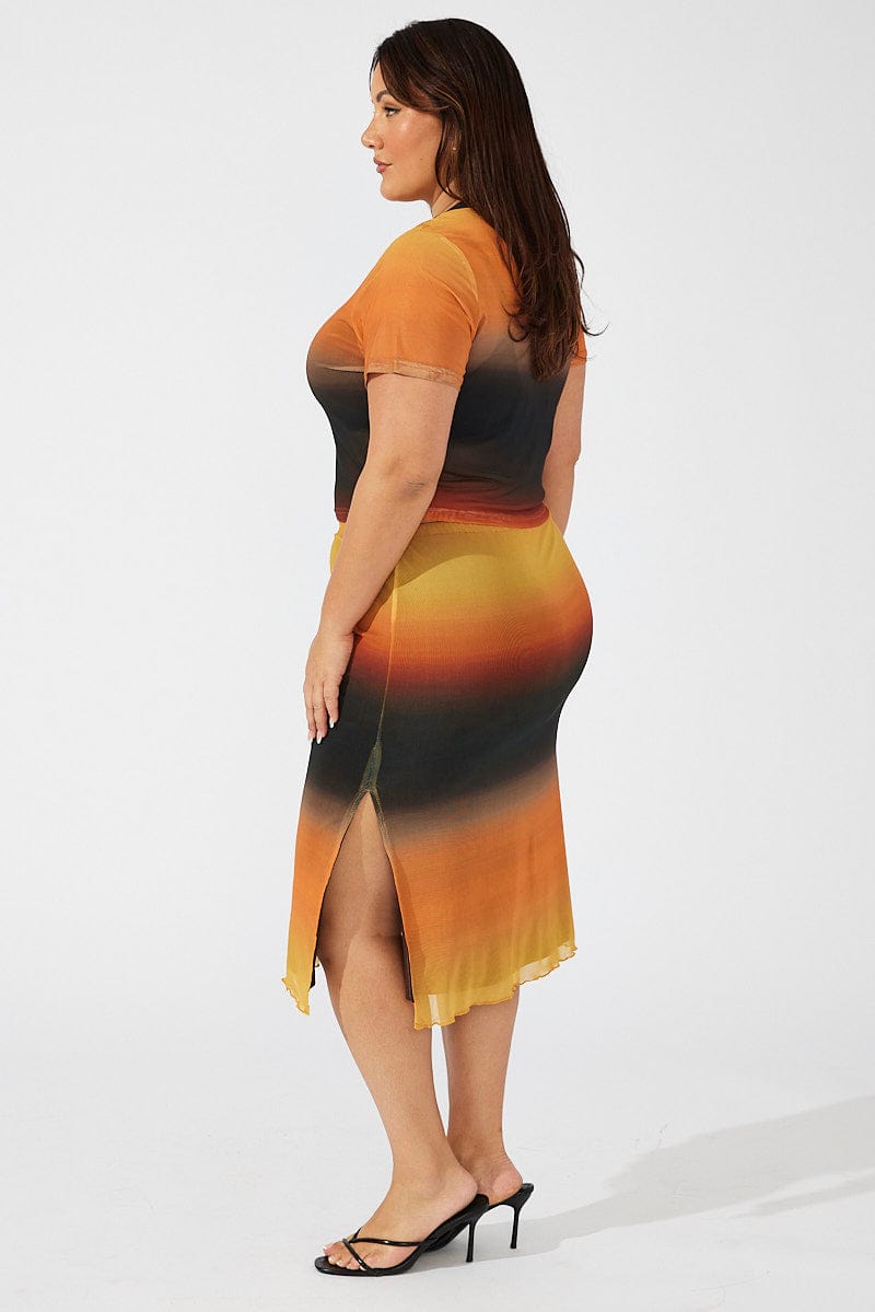 Multi Abstract Midi Skirt Bodycon Split Mesh for YouandAll Fashion