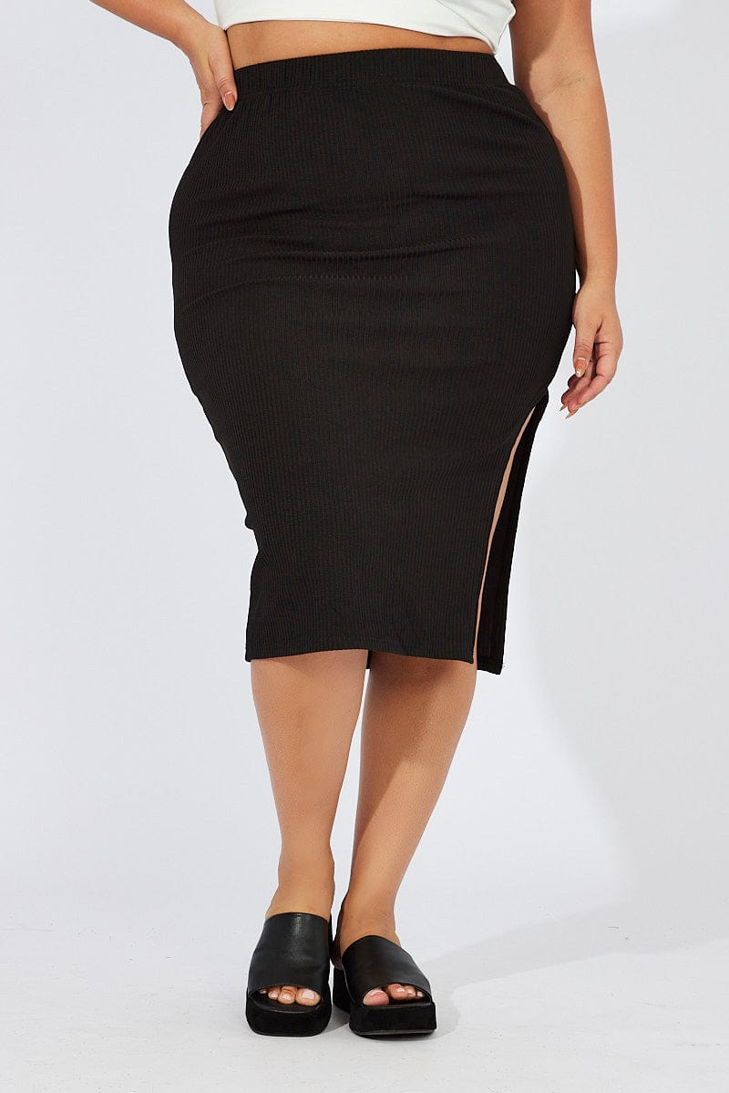 Black Midi Bodycon Skirt Rib for YouandAll Fashion