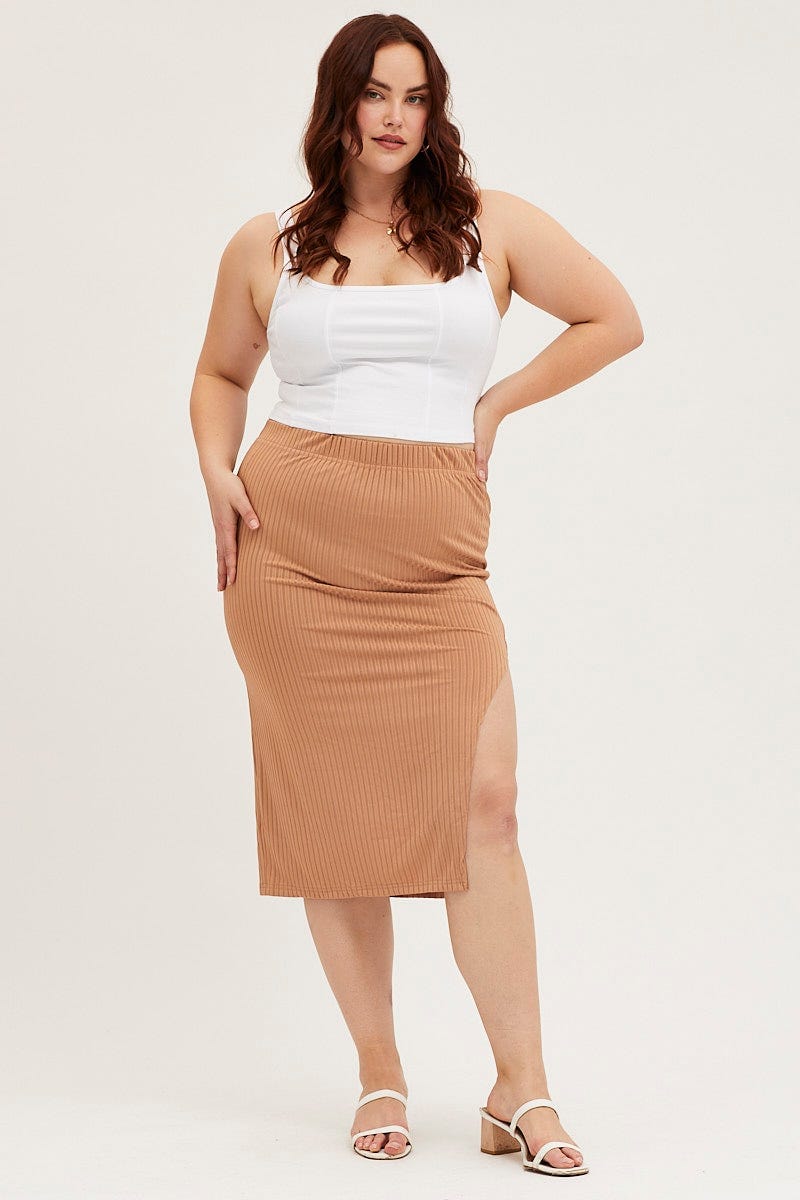 Brown Midi Bodycon Skirt Rib For Women By You And All