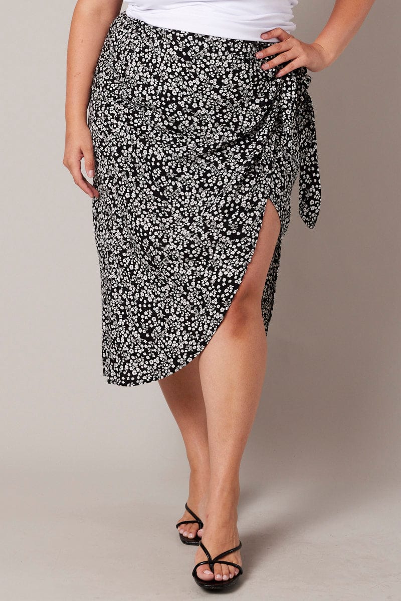 Black Ditsy Frill Wrap Midi Skirt for YouandAll Fashion