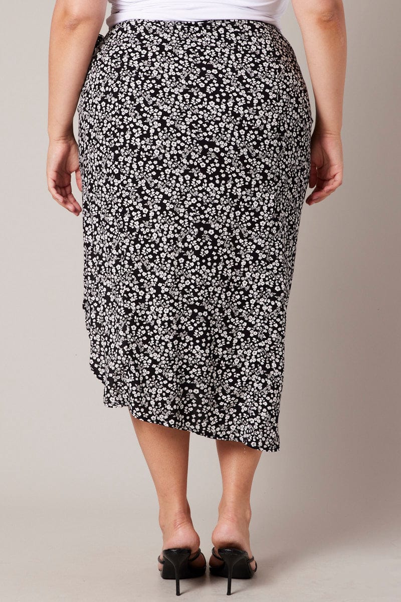 Black Ditsy Frill Wrap Midi Skirt for YouandAll Fashion