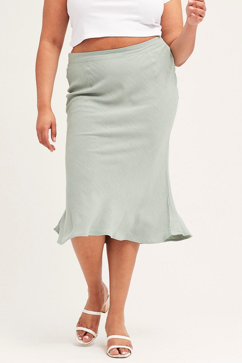 Green Elastic Waist Bias Linen Blend Skirt for Women by You + All