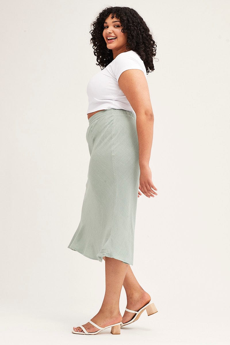 Green Elastic Waist Bias Linen Blend Skirt for Women by You + All