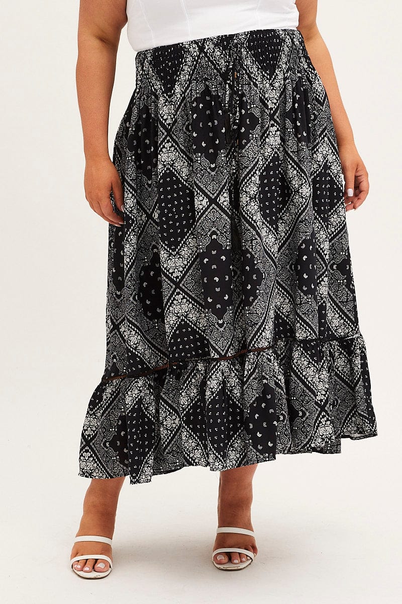 BLACK BOHO Midi Skirt High Waist Tiered