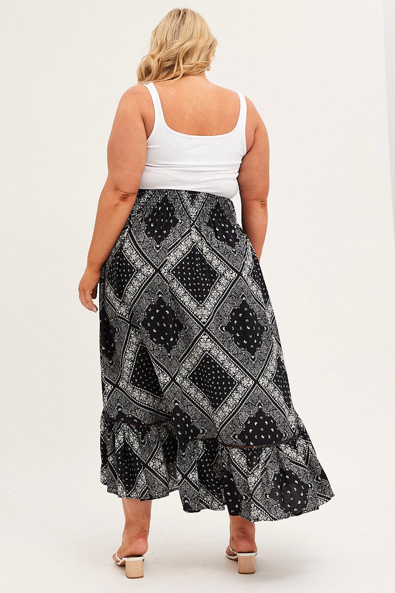 BLACK BOHO Midi Skirt High Waist Tiered
