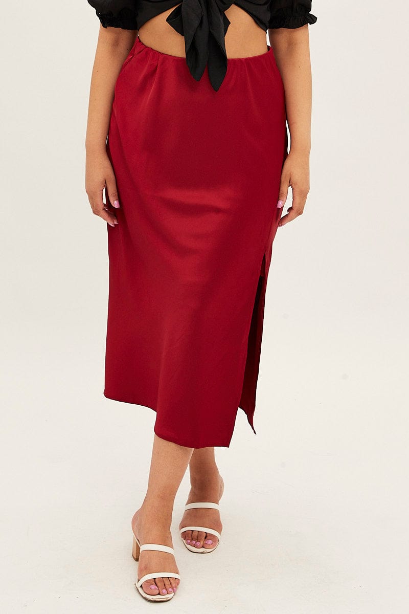 Red Midi Skirt Satin Split Flare for YouandAll Fashion