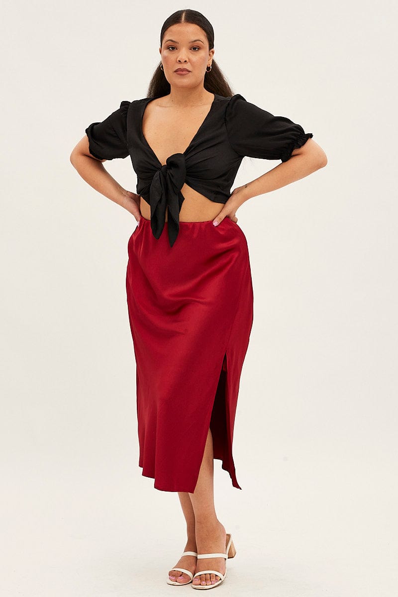 Red Midi Skirt Satin Split Flare for YouandAll Fashion