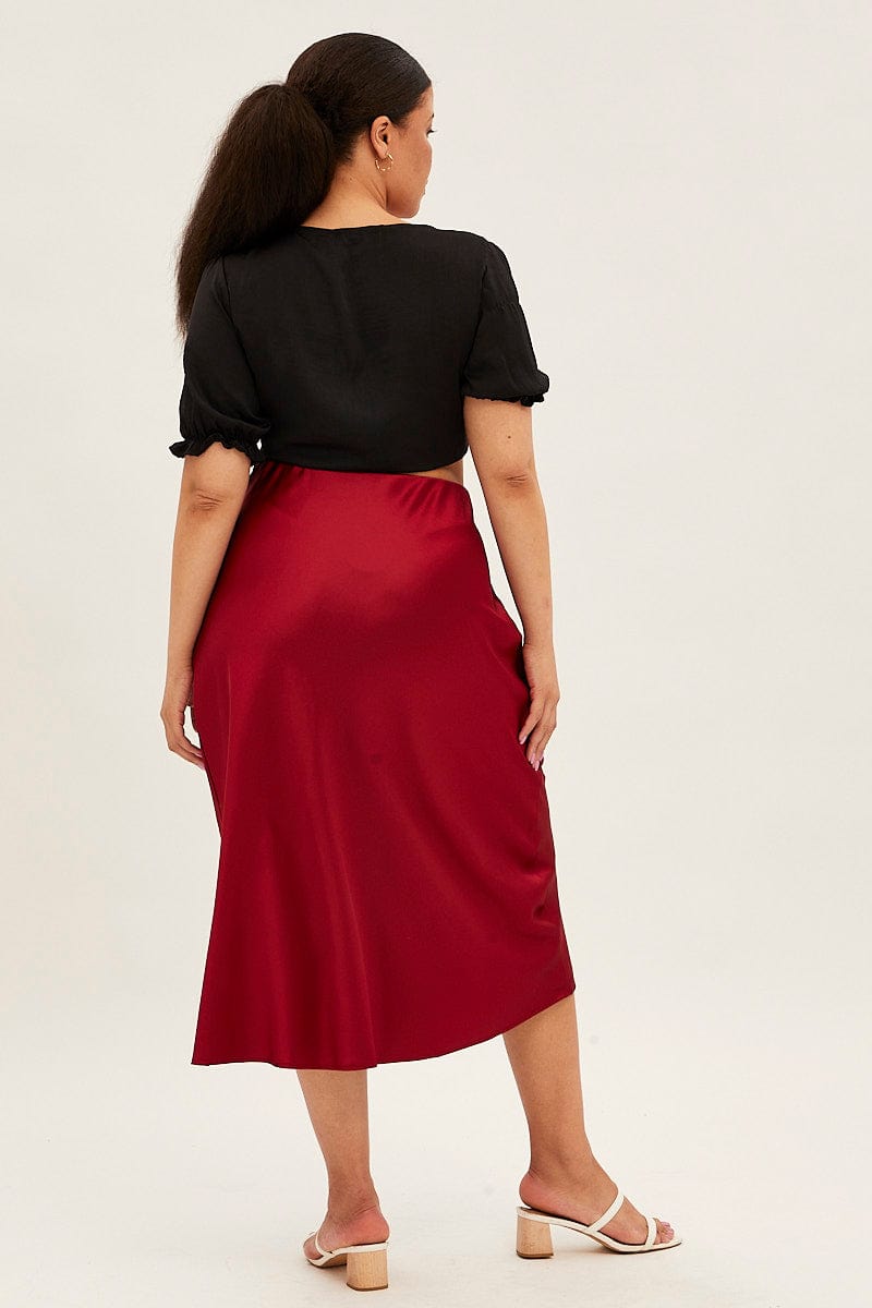 Red Midi Skirt Satin Split Flare for YouandAll Fashion