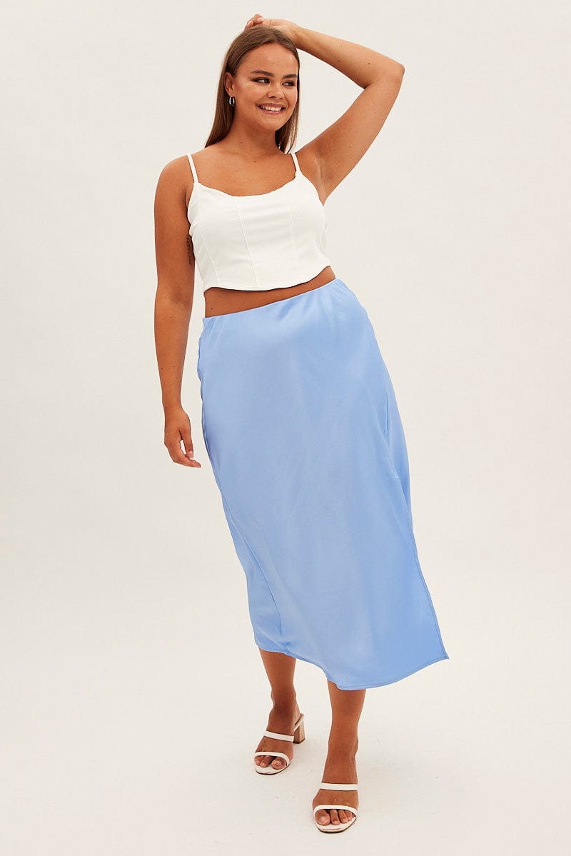 Blue Midi Skirt Bias Satin Split Side for YouandAll Fashion