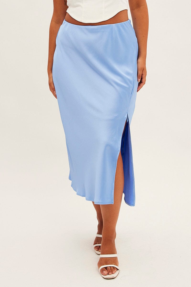 Blue Midi Skirt Bias Satin Split Side for YouandAll Fashion