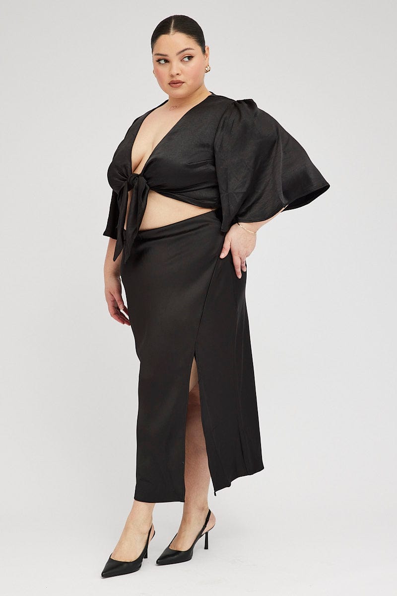 Black Midi Skirt Satin Split Flare for YouandAll Fashion