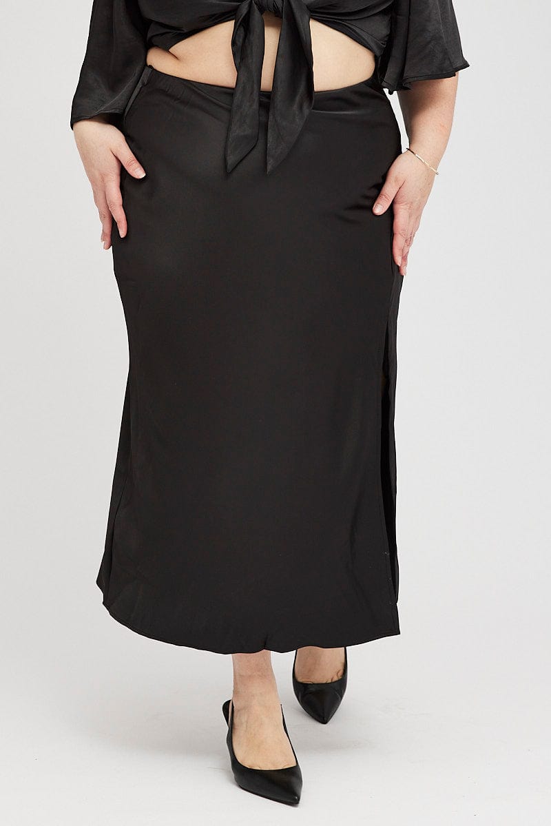 Silk Satin Midi Skirt With Split Black Satin Midi Skirt With Split
