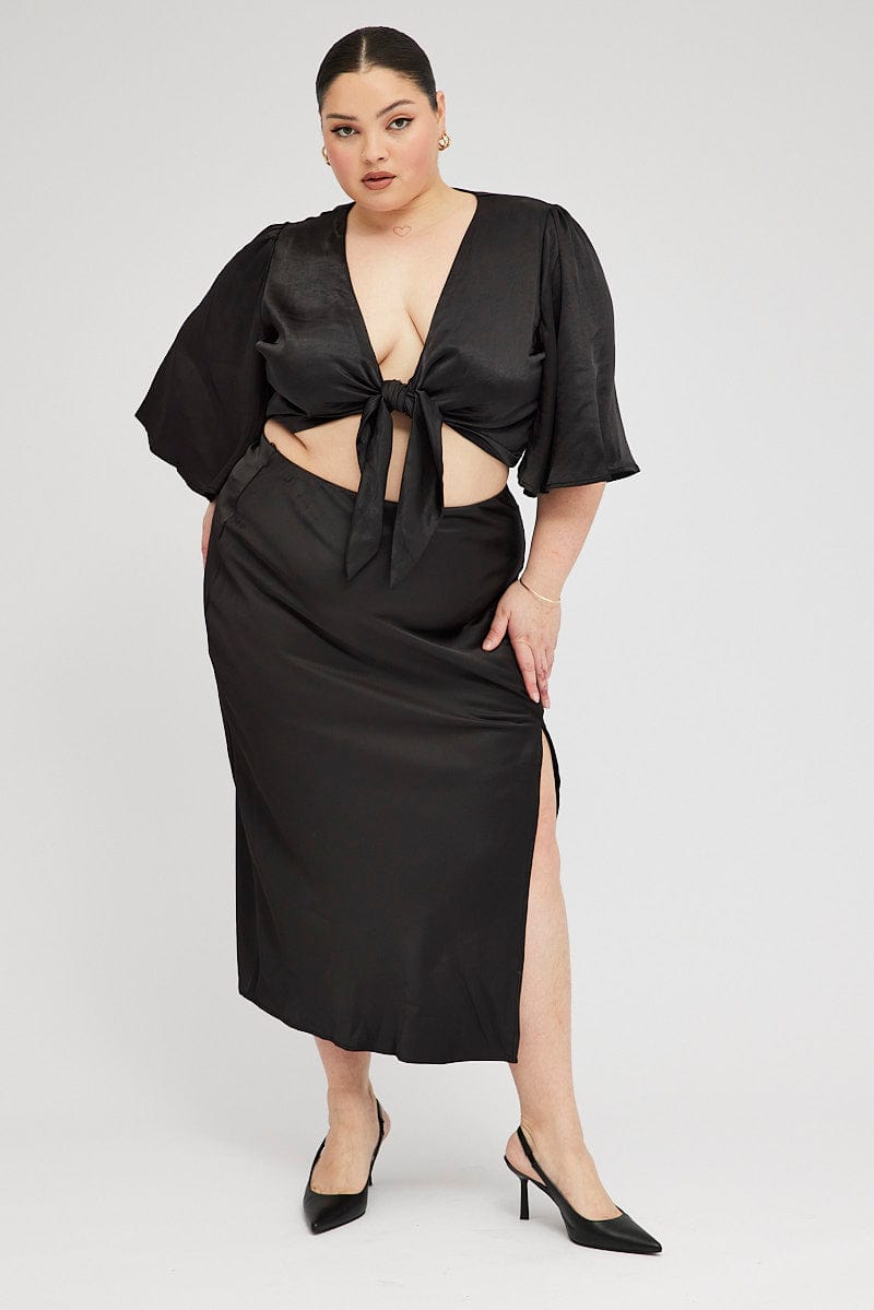 Black Midi Skirt Satin Split Flare You All black-midi-skirt-satin-split-flare-you-all