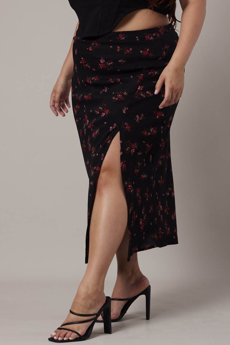 Black Floral Split Lined Slip Skirt for YouandAll Fashion