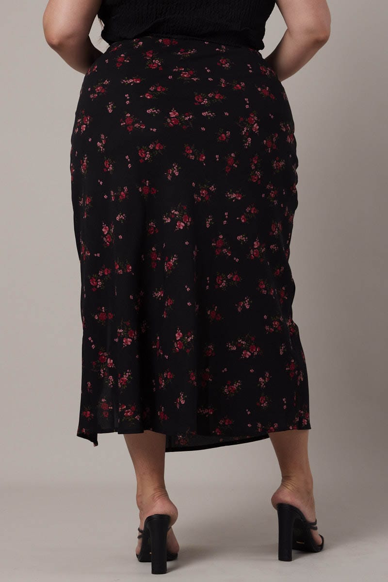 Black Floral Split Lined Slip Skirt for YouandAll Fashion