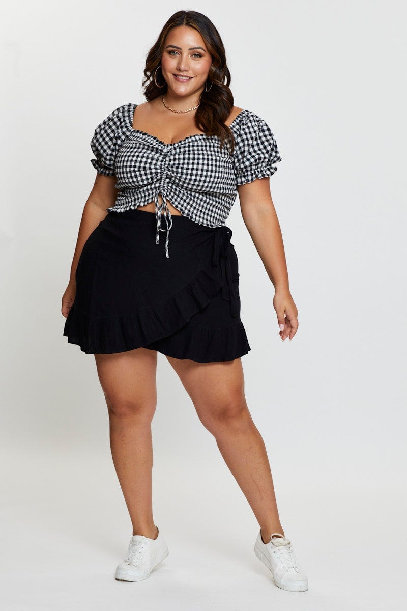 Black Mini Wrap Skirt Linen Blend Ruffle Hem  for Women by You and All