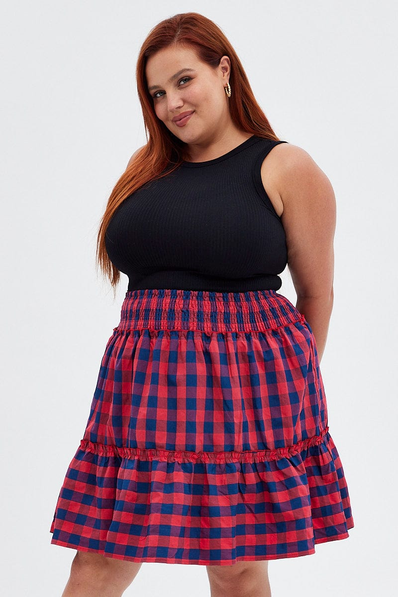 Stripe Shirred Waist Check Skater Skirt for YouandAll Fashion