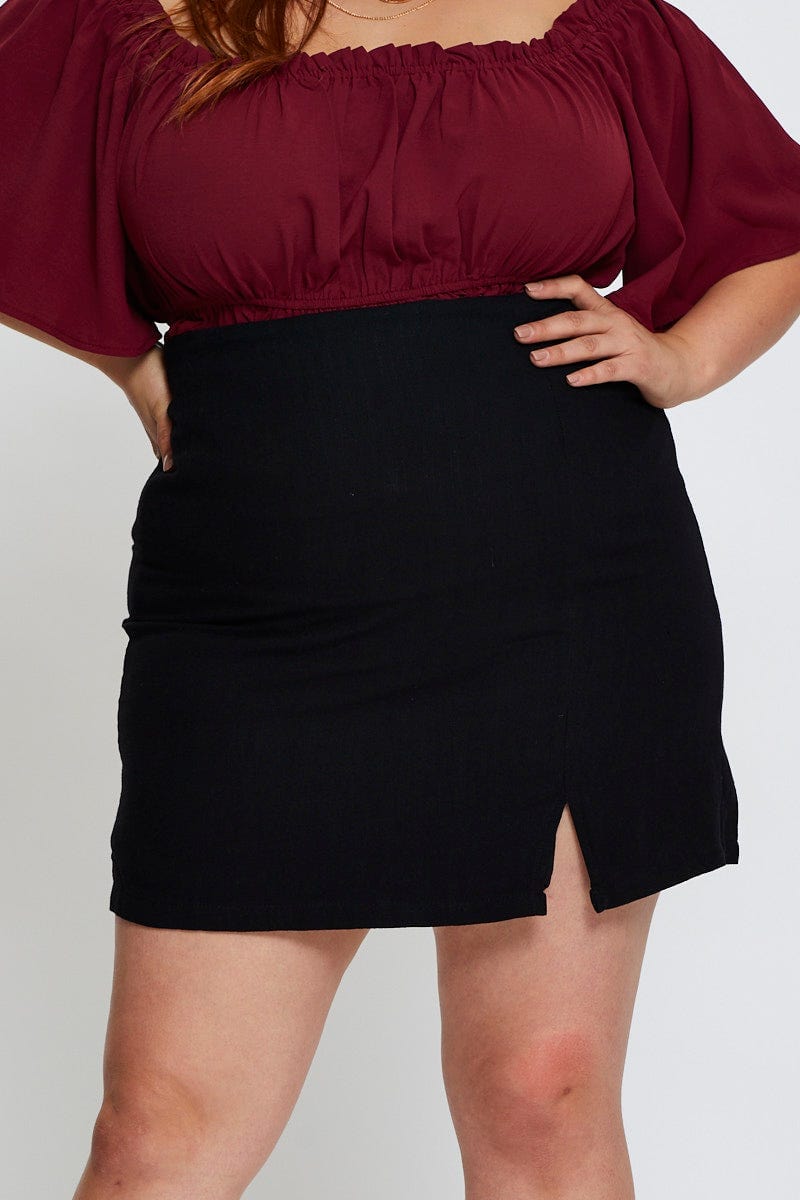 Black Black Linen Blend Front Split Mini Bodycon Skirt For Women By You And All
