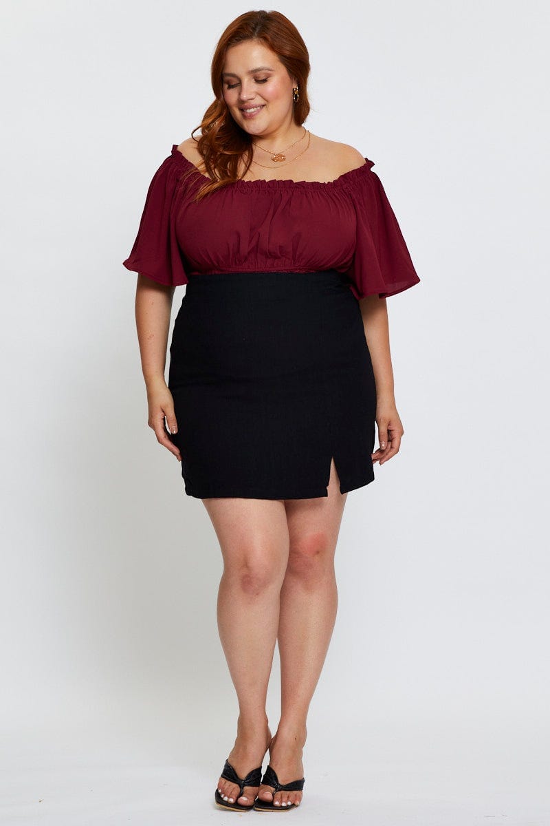 Black Black Linen Blend Front Split Mini Bodycon Skirt For Women By You And All