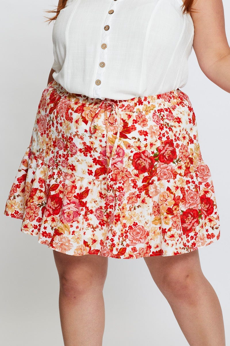 Floral Prt Mini Skater Skirt Elastic Waist For Women By You And All
