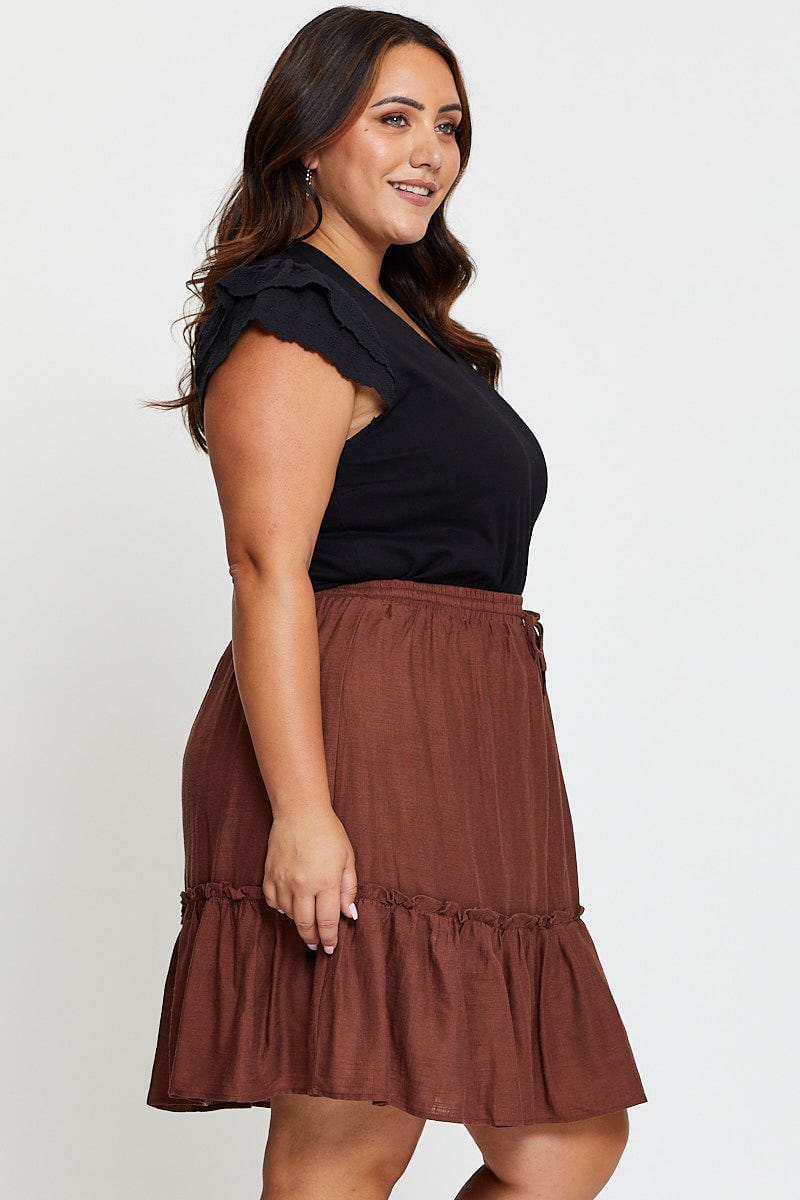 Brown High Waist Linen Blend Skater Mini Skirt For Women By You And All