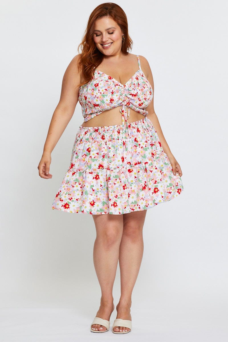 Plus Size Floral Print Mini Skater Skirt Ruffle Hem You All