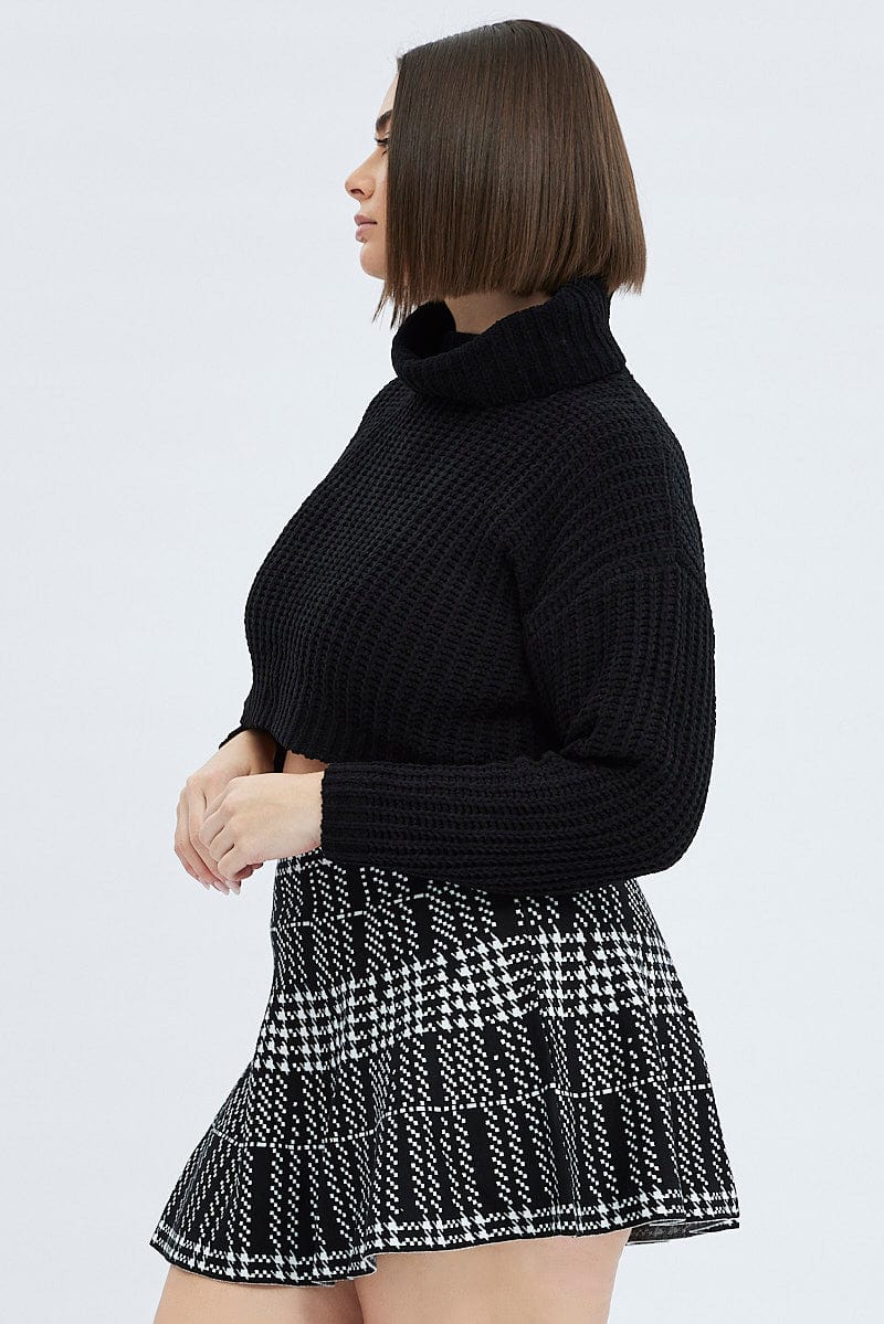 Black Check Knit Skirt Mini Flare for YouandAll Fashion