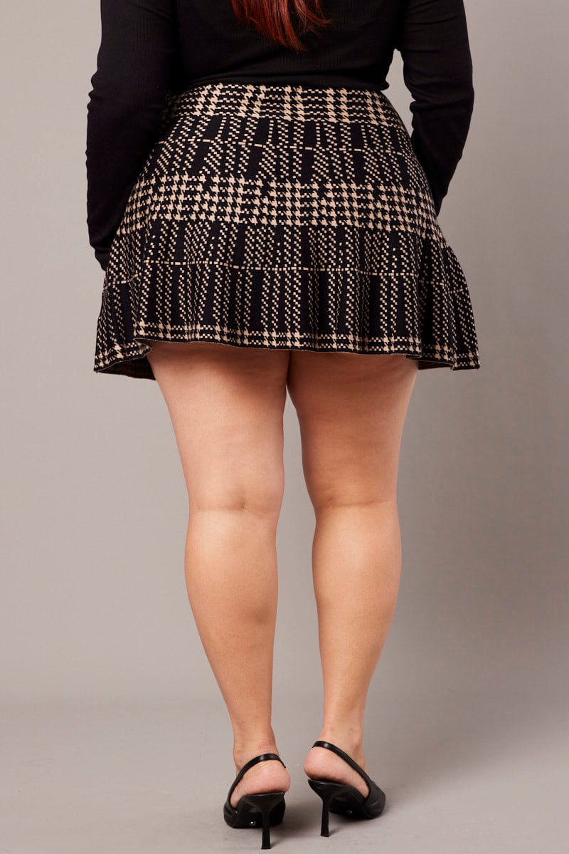Beige Check Knit Flare Mini Skirt for YouandAll Fashion