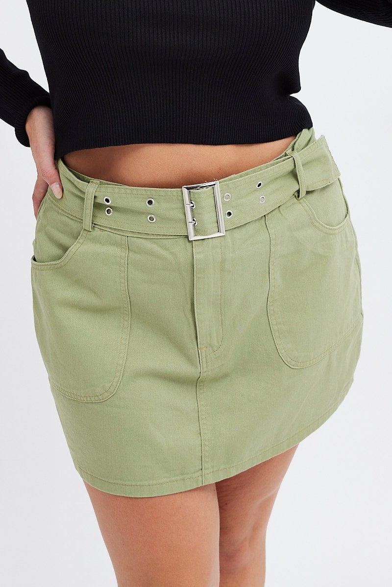 Green Mini Skirt Cargo Belt Cotton Drill You All