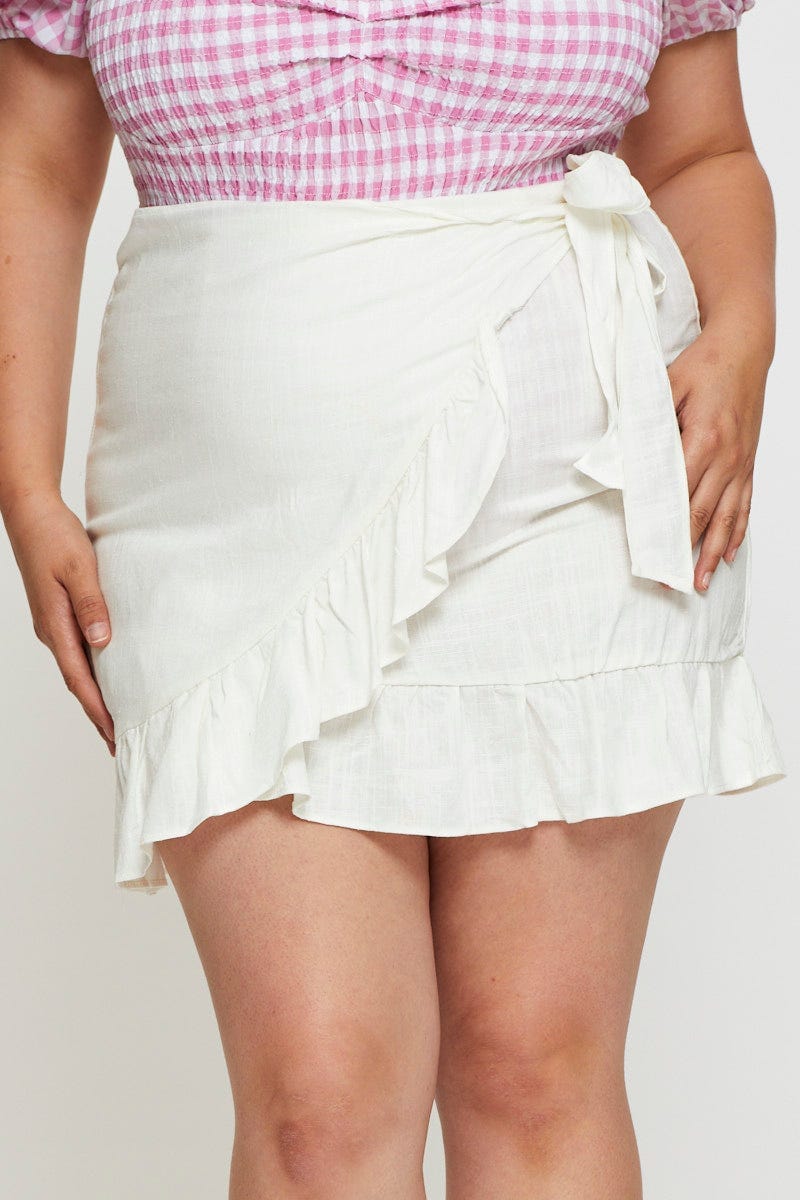 White Wrap Skirt Linen Blend Ruffle Hem For Women By You And All