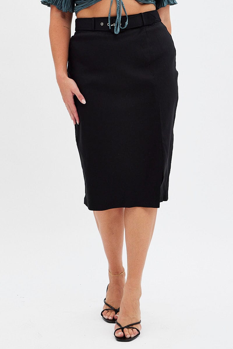 Black Midi Skirt Tailored Work Pencil With Attached Belt for YouandAll Fashion