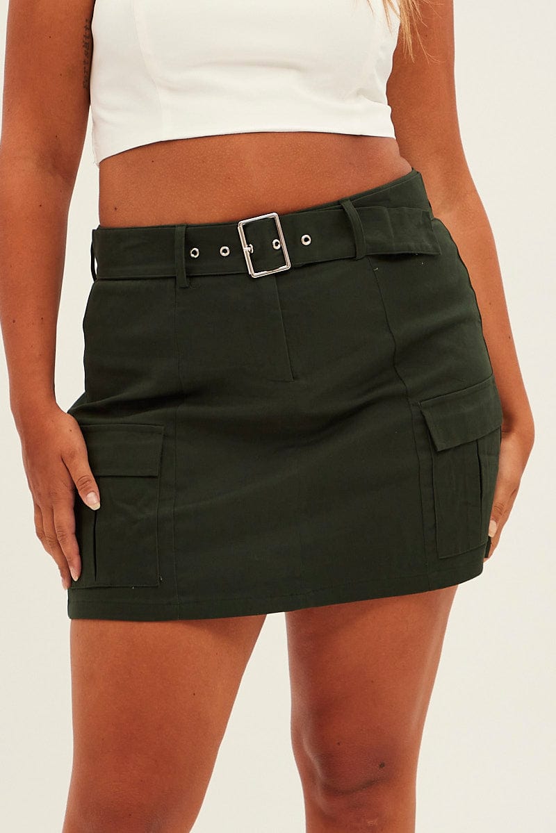 Green Cargo Skirt Belted Mini Cotton for YouandAll Fashion