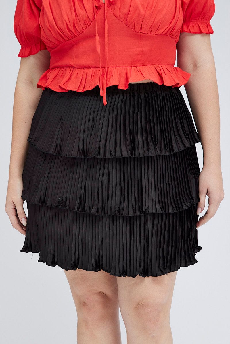 Black Mini Skirt Pleated Satin Layer for YouandAll Fashion