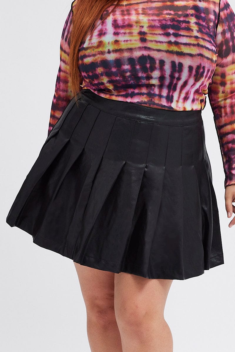 Black Tennis Skirt Mini Pleated Faux Leather for YouandAll Fashion