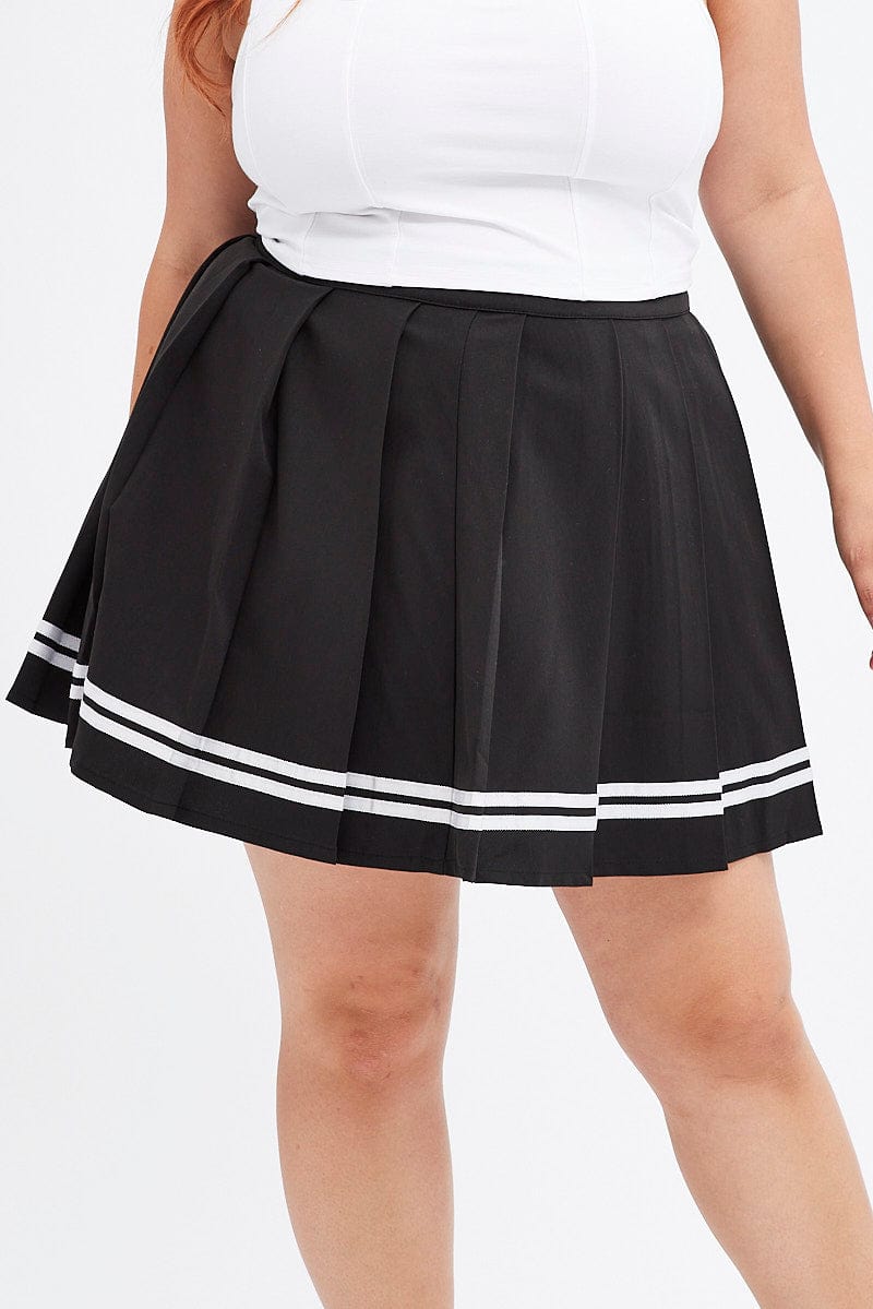 Black Tennis Skirt Mini Pleated Stripe Trim for YouandAll Fashion