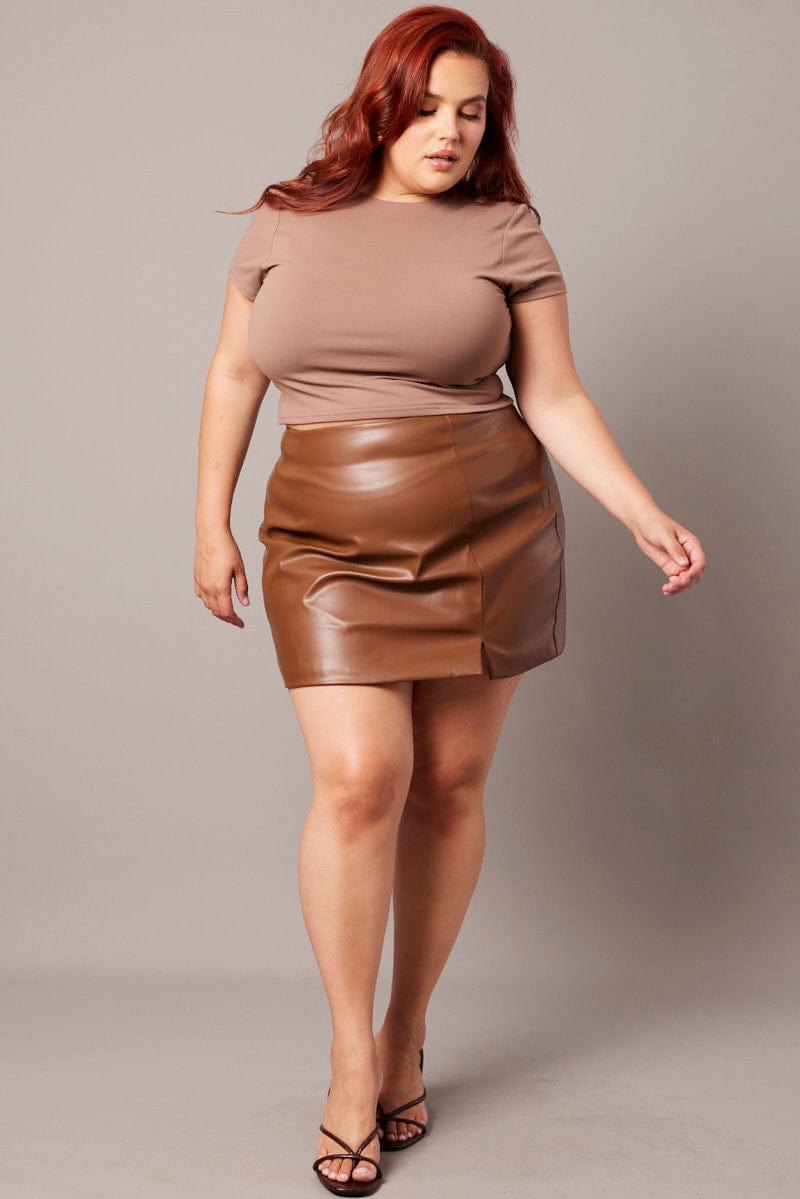 Brown Faux Leather Split Front Mini Skirt for YouandAll Fashion