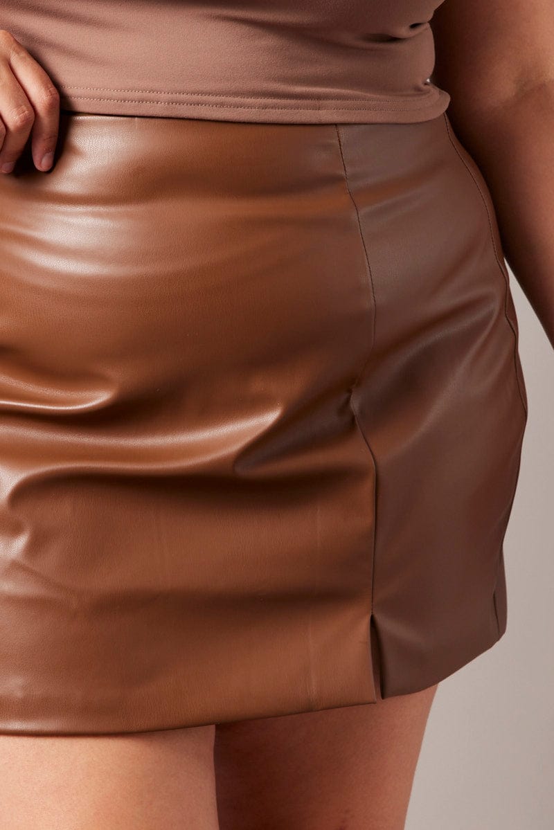 Brown Faux Leather Split Front Mini Skirt for YouandAll Fashion